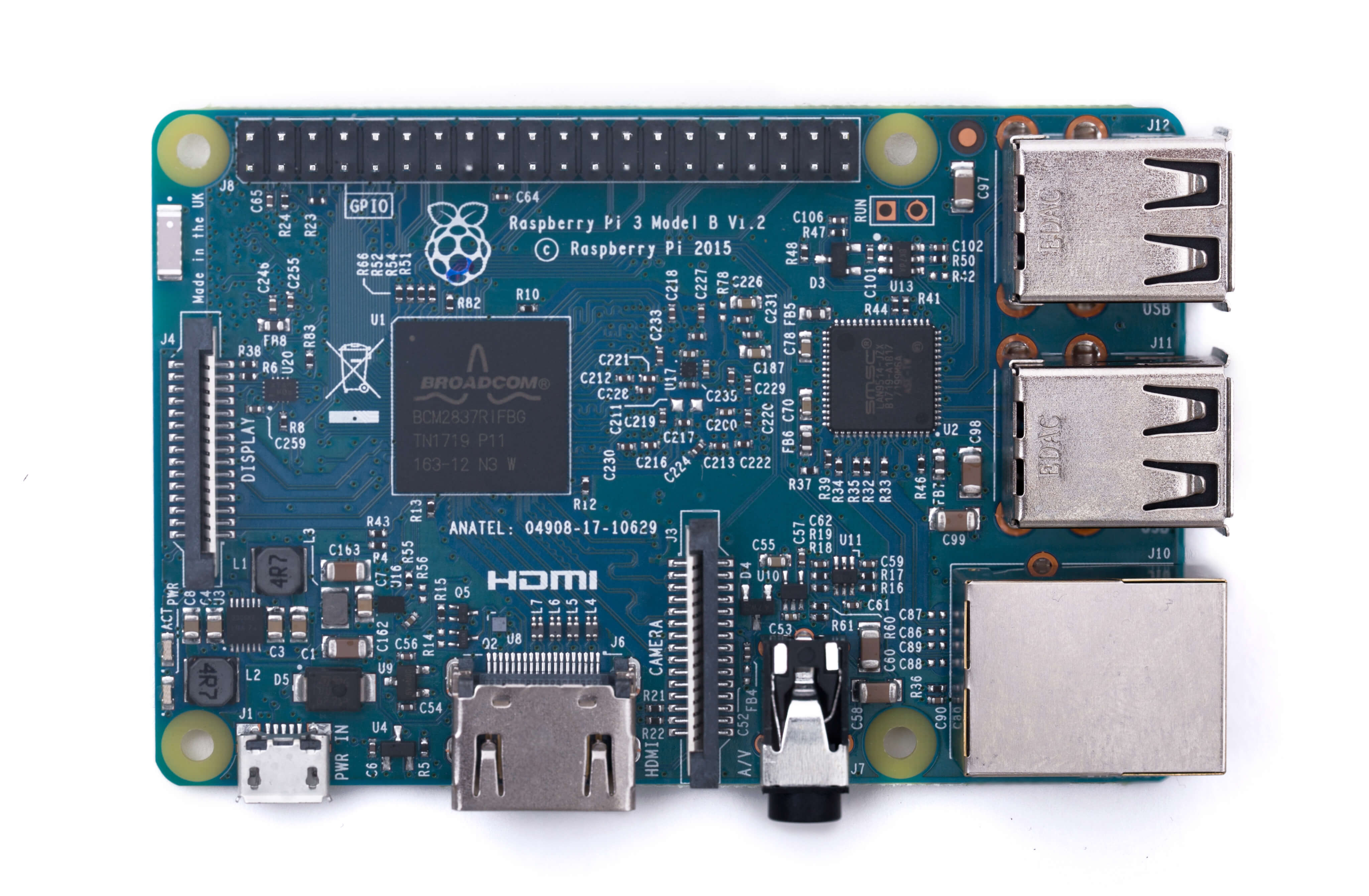 A photo of the blue-variant Raspberry Pi 3