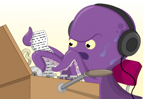 A cartoon octopus tries to break an Enigma code
