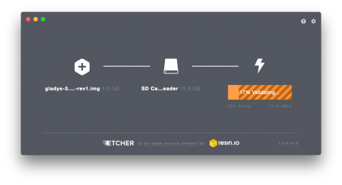 A screenshot of Etcher showing the install process of the Gladys image - Gladys Project home assistant