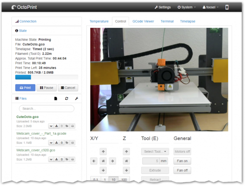 OctoPrint software graphic user interface screenshot
