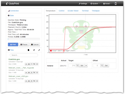 OctoPrint software graphic user interface screenshot