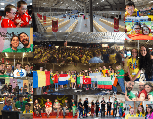 Montage of photos from Coolest Projects 2016: a large space with lots of people, mostly children, sharing projects, socialising, and discussing
