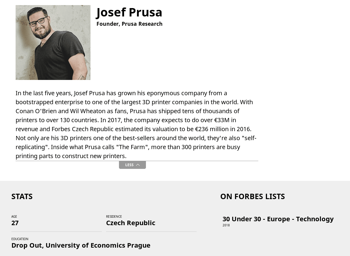 Spot for Josef Prusa on Forbes 30 Under 30 in European Technology List