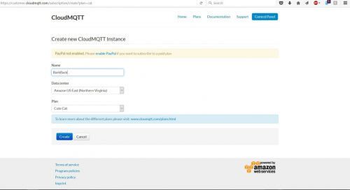 Screenshot CloudMQTT account set-up — IoT Pet Monitor Bark Back Raspberry Pi 