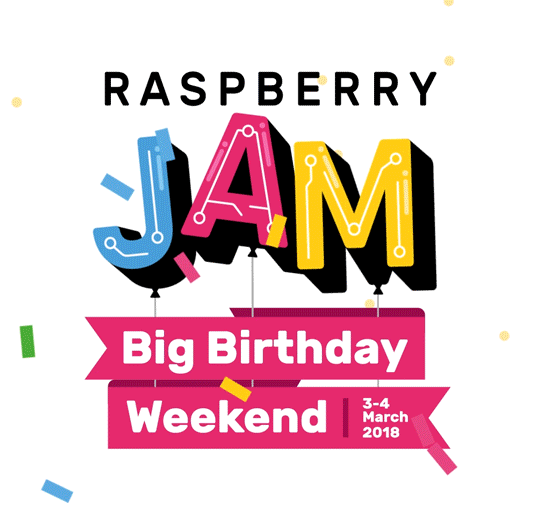 Raspberry Pi Big Birthday Weekend 2018. GIF with confetti and bopping JAM balloons