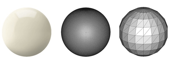 The perfect spherical surface on the left is approximated by tessellations. The figure on the right uses big triangles, resulting in a coarse model. The figure on the center uses smaller triangles and achieves a smoother approximation (source: i.materialize)
