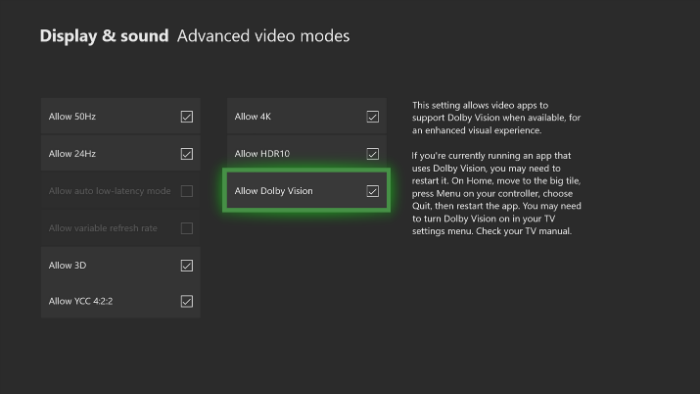 Advanced video modes screen