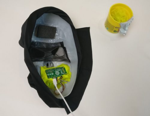An image of the Raspberry Pi Zero voice changer inside a scary mask
