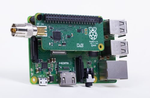 A photograph of a Raspberry Pi 3 Model B+ with TV HAT connected Oct 2018
