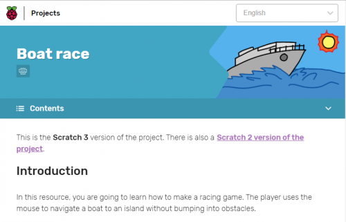 Screenshot of Scratch 3 project on Raspberry Pi projects site