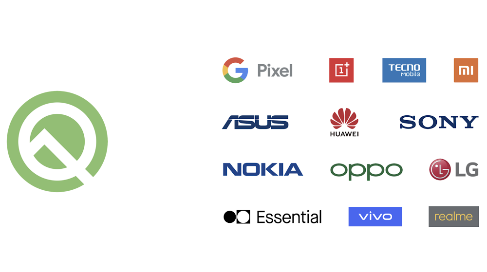 A grid of logos that demonstrates which devices and brands Android Q beta is available on, including Pixel, Sony, Nokia, Huawei and LG.