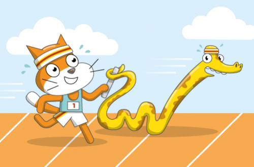 Scratch Cat and a Python supervising teachers at an outdoor bootcamp