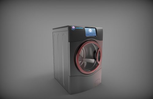 Sleek-looking charcoal grey washing machine with a dark red door trim and a large colour display screen