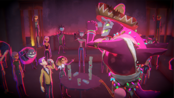 A scene of the two main characters drinking with Satan in the video game Afterparty