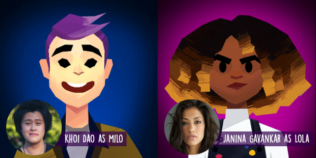 Shows the voice actor and actress for the two main characters in the video game, Afterparty