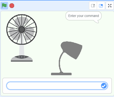 animation of a fan running and a desk lamp turning on and off