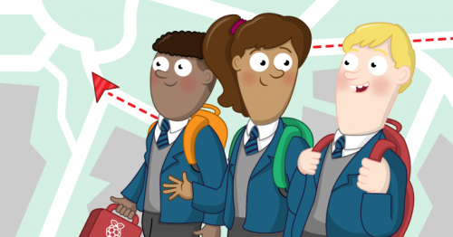 illustration of kids in school uniforms in front of a large street map