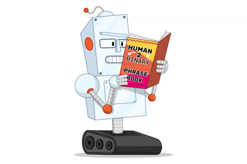 Illustration of a robot reading a book called 'human 2 binary phrase book'