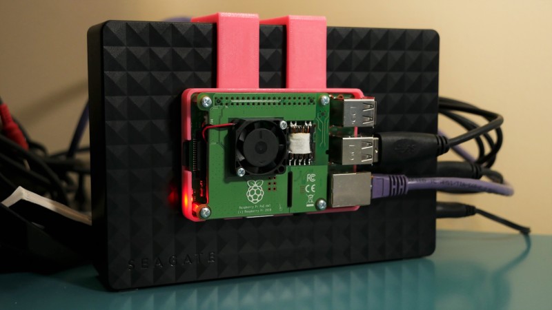 A familiar sight to many Raspberry Pi owners – a Raspberry Pi-powered media server. We like the 3D-printed mounting to cut down on the footprint