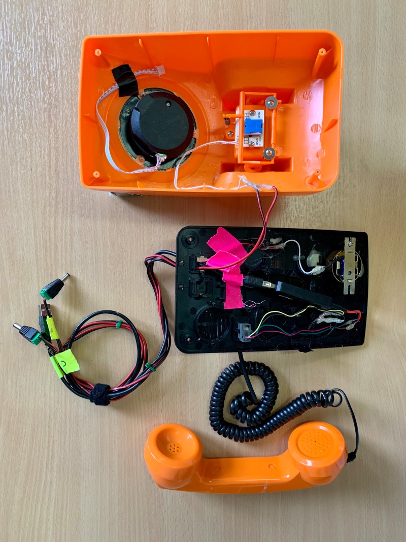 
Maker Dave Norton says it was easy to snip the wires from each dial phone’s speaker, microphone and hang-up button and connect them to Raspberry Pi 
