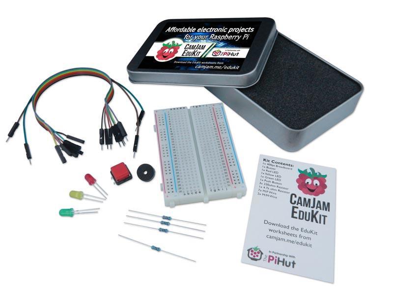 CamJam EduKit provides buzzers, sensors, LEDs, a breadboard and connectors for prototyping circuits