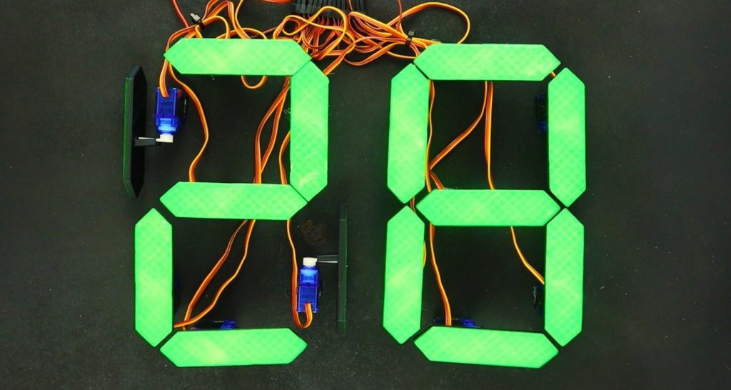 Mechanical 7-segment display made with micro servos and an Arduino Mega