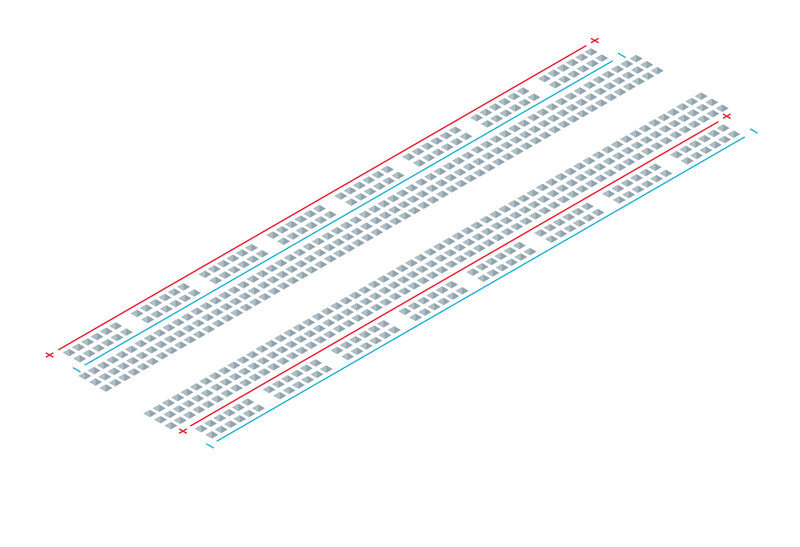 A breadboard is used to connect electronics. All five holes in a row are connected; all the long blue and red lines on the end are all connected (and are used to for power)