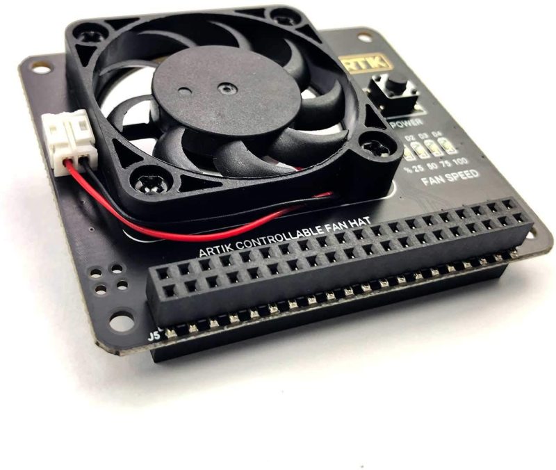 The Argon Fan HAT sits on top of Raspberry Pi and provides additional cooling at temperatures above 55°C