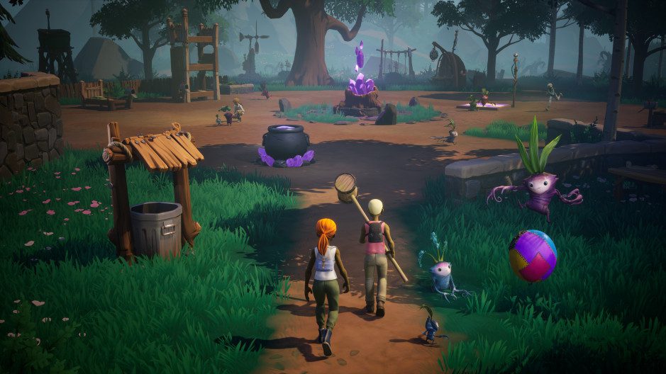 Scene in Drake Hollow depicting little drakes playing and a small village with armored humans.