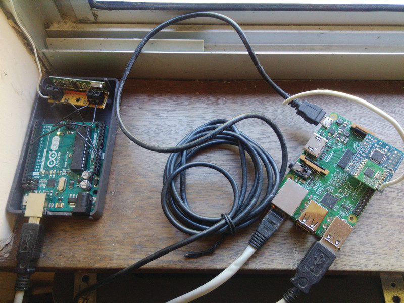 An Arduino sends the temperature data to Raspberry Pi via a USB cable