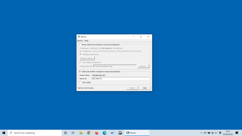 Barrier on the Windows PC and is set up in client mode. Here is our server configuration