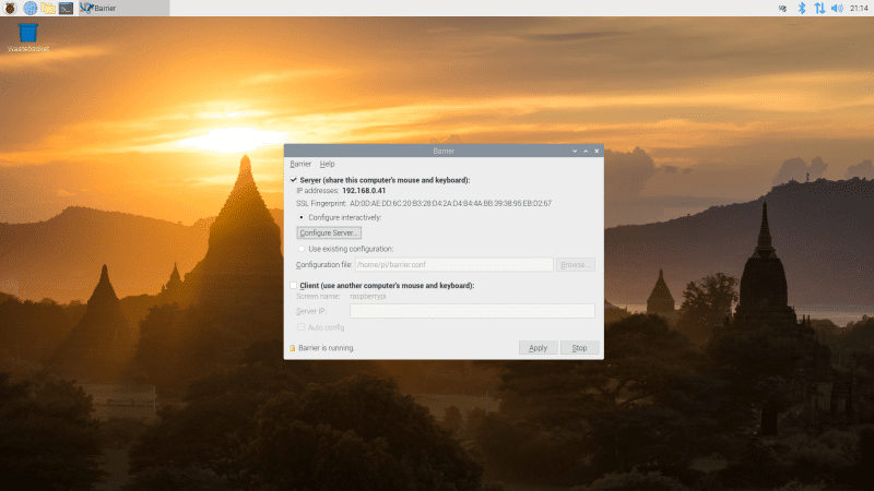 The Barrier server configuration running on Raspberry Pi