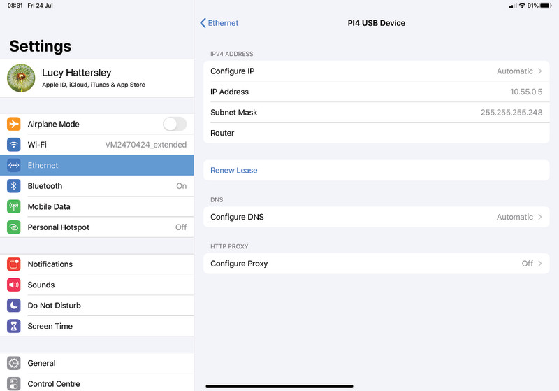 iPad Pro Ethernet settings