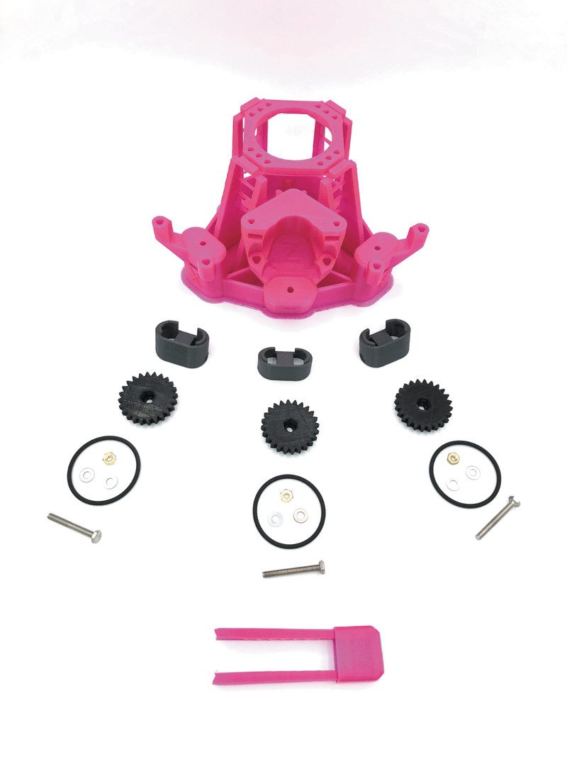 The microscope uses three screws for fine control so that the sample can be moved along the X and Y axes and focused by moving on the Z axis. The microscope uses plastic flexures to ensure motion is free from friction and vibration; the condenser mount at the top houses a condenser lens and illumination LED