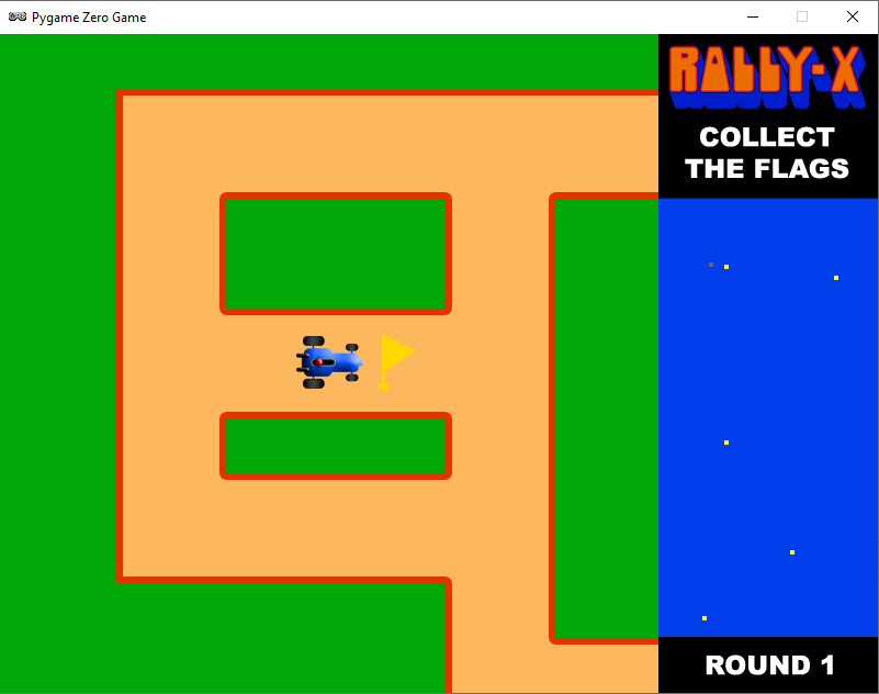 A screenshot of our Rally-X homage running in Pygame Zero