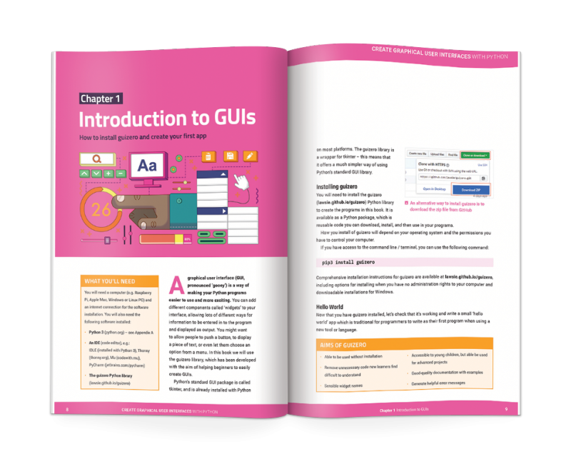 A double-page from the book Create Graphical User Interfaces with Python