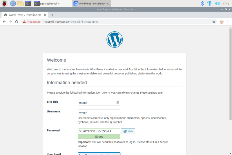 The WordPress login page running on a Raspberry Pi web server using PHP and HTML