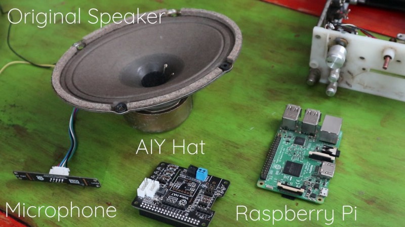 The project uses the original speaker and a Raspberry Pi 3B+ with AIY Voice HAT