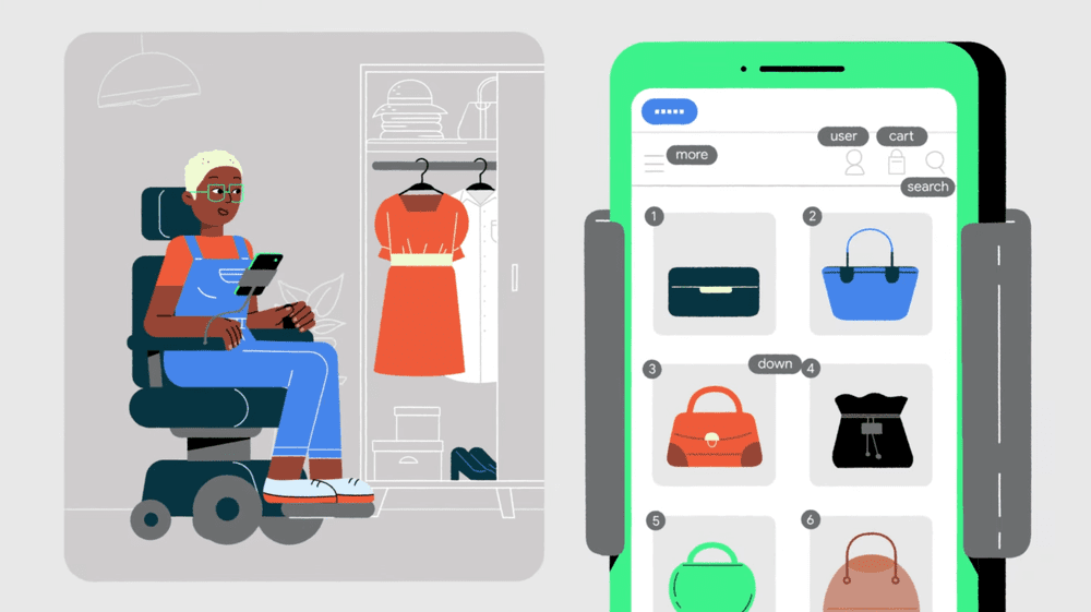 Video of how to use Voice Access to navigate your Android device using your voice. Image shows woman in a wheelchair using Voice Access to shop online.