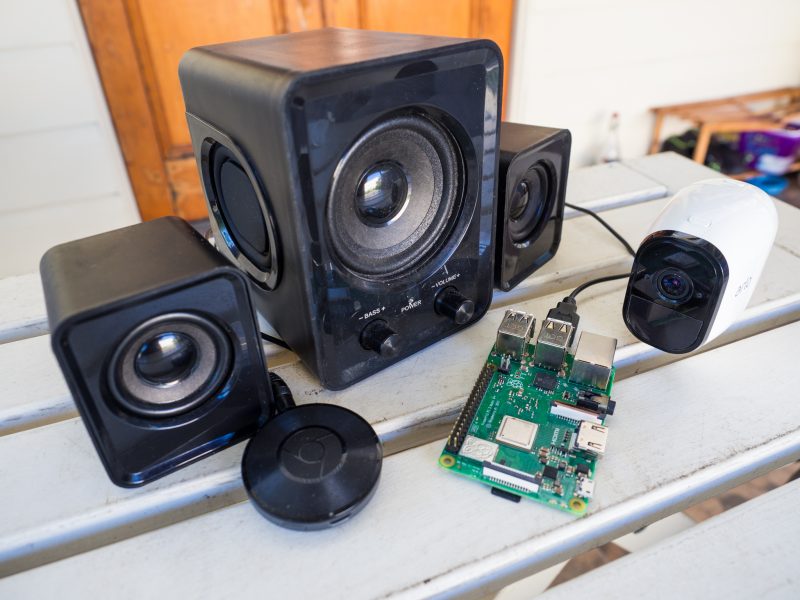 speaker, chromecast device, cctv camera and the Raspberry Pi connected for the anti burglary chatbot