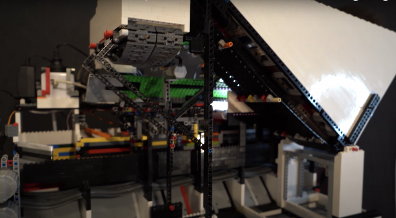 A side view of the LEFO sorting machine showing a large white chute built from LEGO bricks