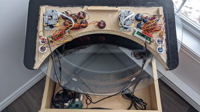Booze barrel joystick and buttons panel during the making process