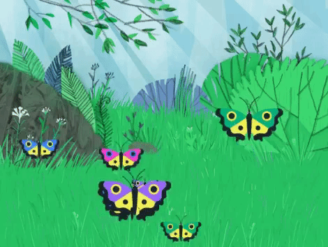 animation of butterflies fluttering around a forest clearing