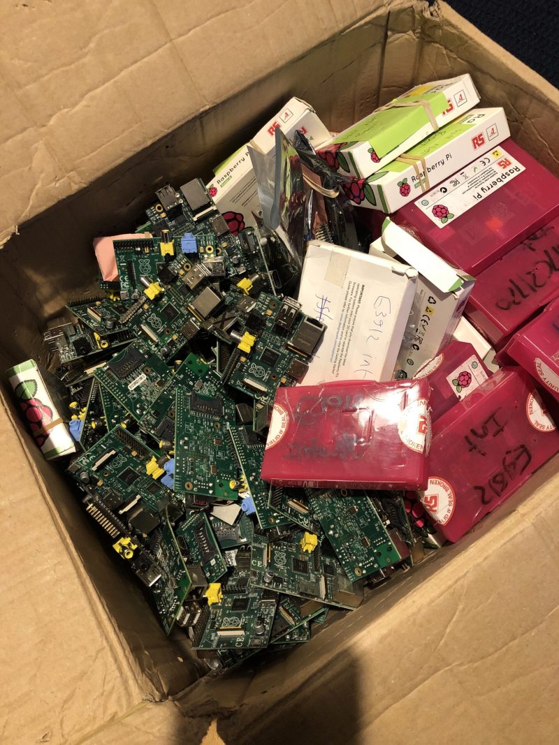 James' haul of Raspberry Pi kit, some boxed, in a big cardboard box