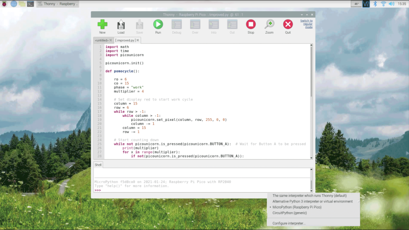 Make sure you select the ‘MicroPython (Raspberry Pi Pico)’ interpreter when working with code in Thonny