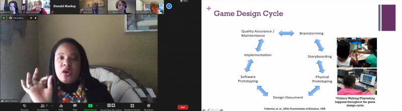 Dr Jakita Thomas presents a slide: Game design cycle: brainstorming, storyboarding, physical prototyping, design document, software prototyping, implementation, quality assurance / maintenance"