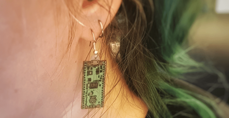 Tanya continued the tradition of making earrings resembling new, tiny Raspberry Pi boards – this one a handmade Pico