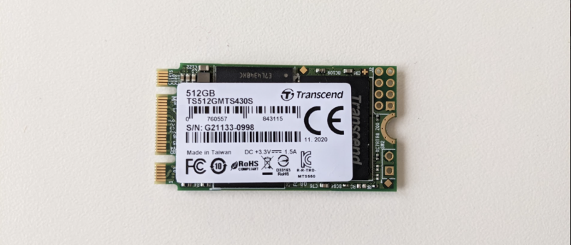 A Transcend M.2 SSD drive with a SATA III connection (on the left)