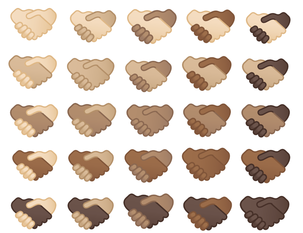 Image showing the handshake emoji in various skin tones and skin tone combinations.