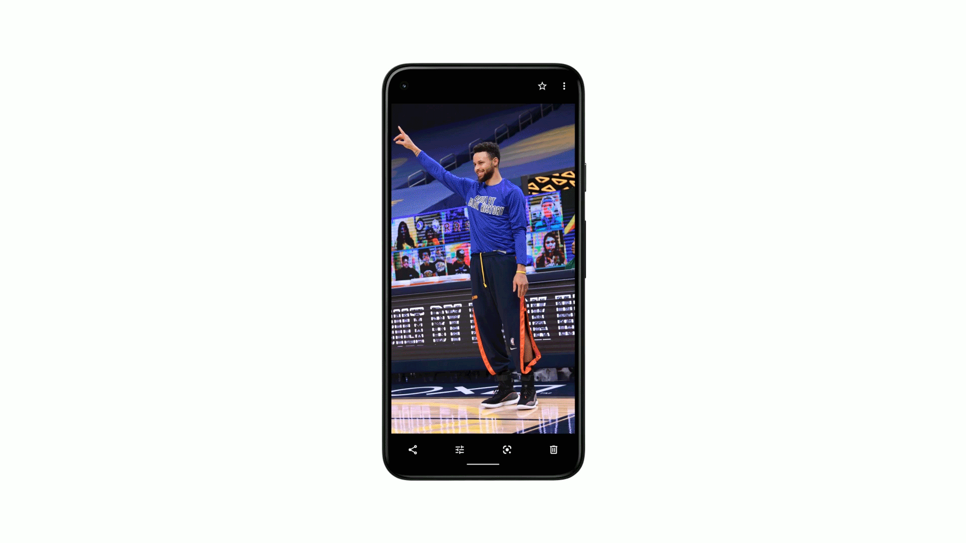 A GIF demonstrating using Google Lens to search a screen shot of a basketball player, returning results for his shoes
